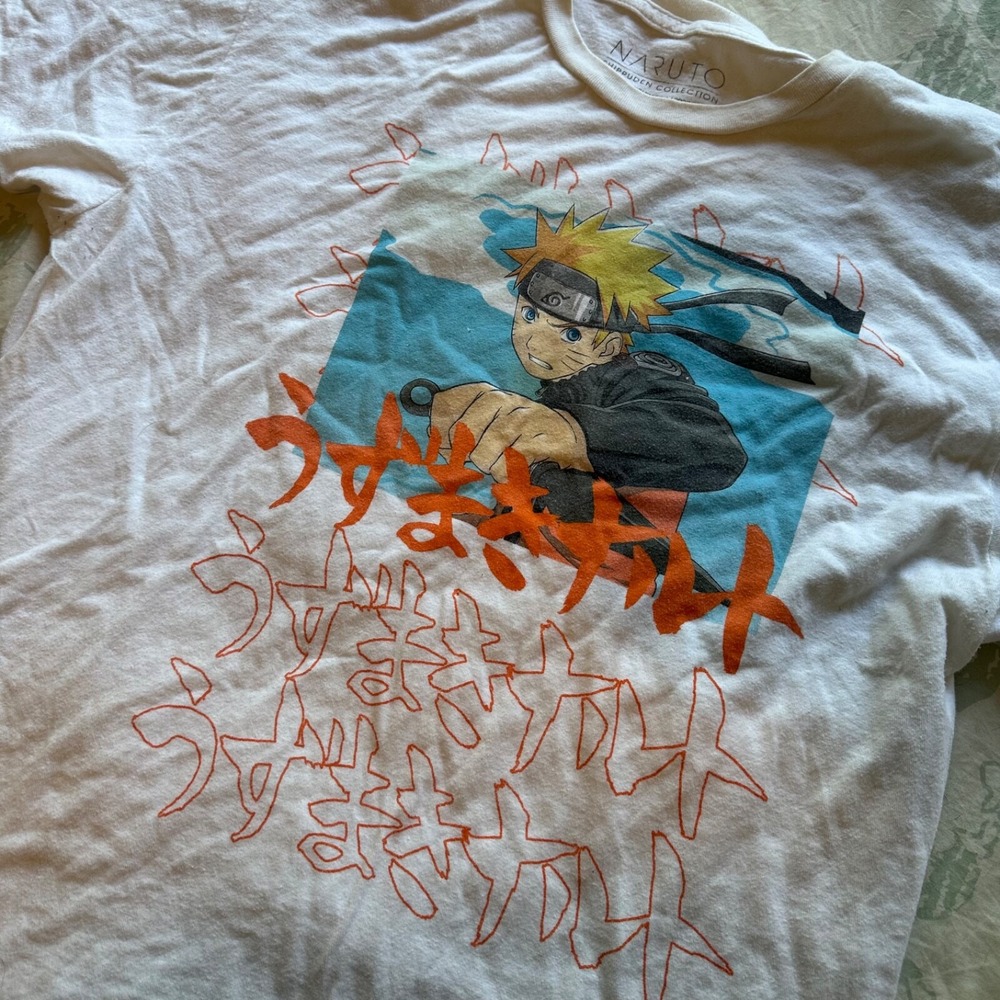 Naruto Shippuden uzamaki Shirt Size L‎ Blue/Yellow Words. 100% Cotton!!